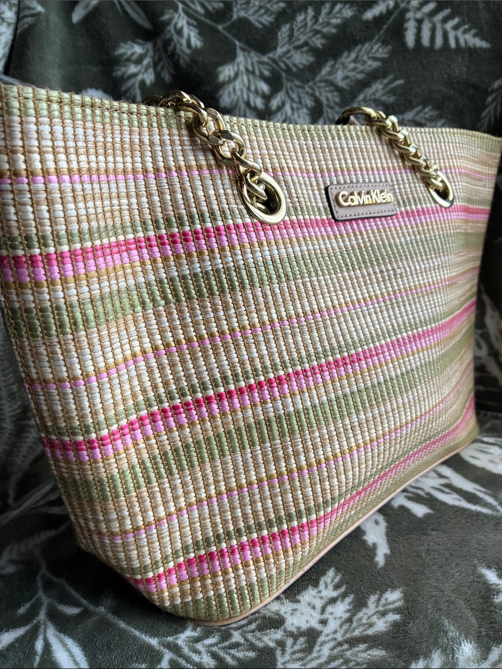 Calvin Klein Pink and Tan Striped Woven Shoulder Tote with Gold Chain Handles